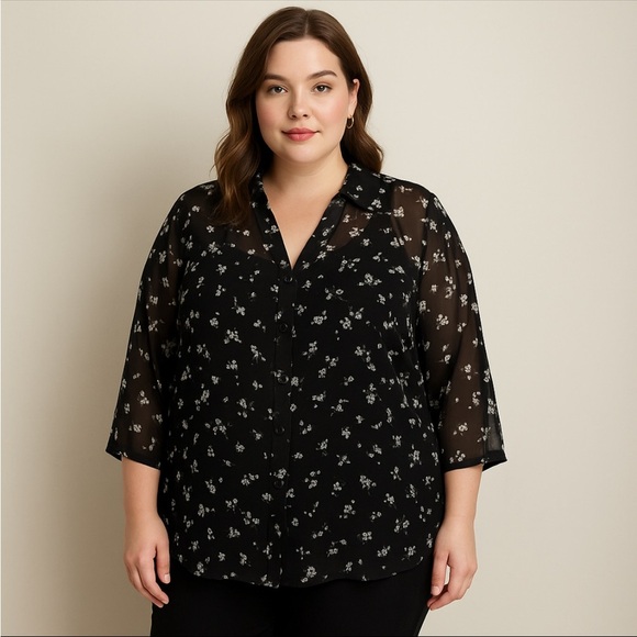 Vintage Kathie Lee Sheer Women’s Floral Blouse 3/4 Sleeve Button Front 22/24 - Picture 1 of 8